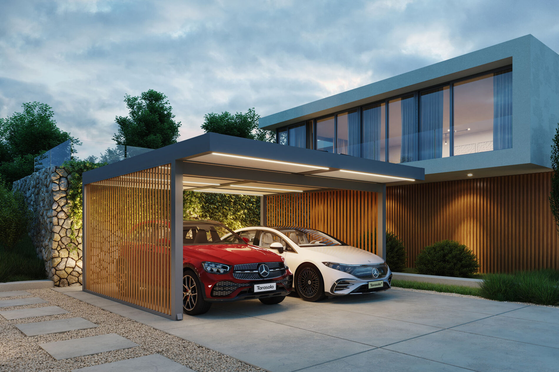 Tarasola Carport nowoczesna wiata garażowa oświetlenie led 2