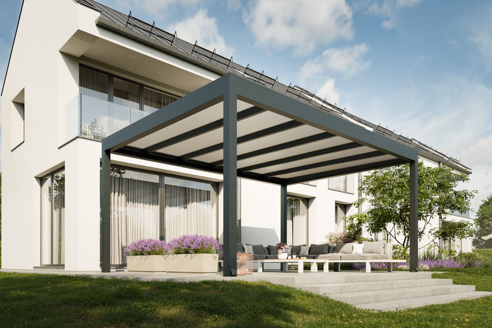 Stałe zadaszenie tarasu Tarasola Fix 3x3,9 m – dach materiałowy